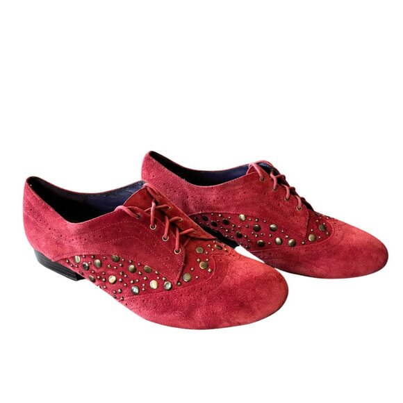 LIBBY EDELMAN Raina Lace Up Studded Oxfords in Red Suede Leather SZ 9.5 - Picture 1 of 9